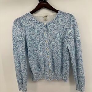LL Bean Womens Blue Paisley Supima Cotton Cardigan Sweater Petite Small Preppy